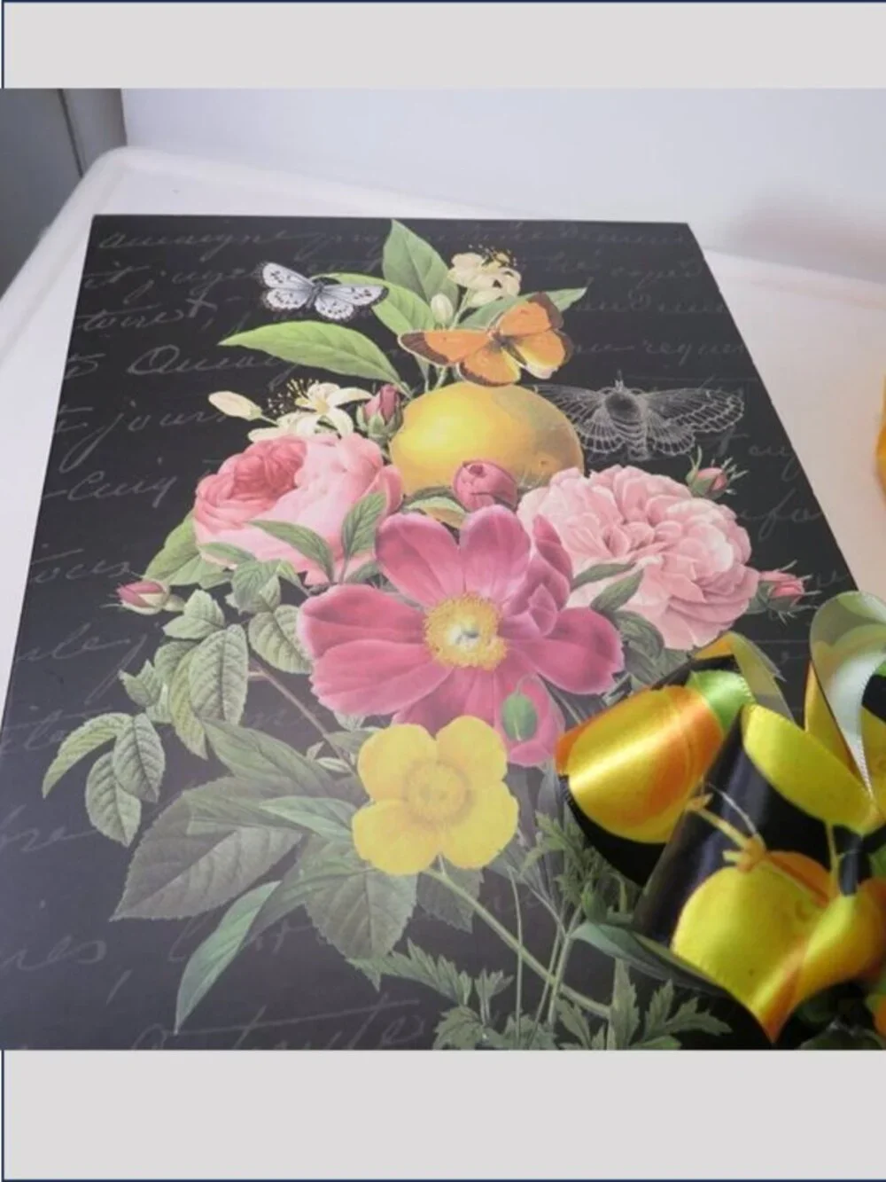 VTG Victorian Black Botanical Floral & Fruit Gift Box Storage 11x8 With Bow